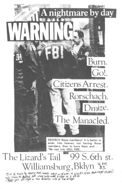 Burn-Go!-Citizens Arrest-Rorschach-Dmize-The Manacled @ The Lizard’s Tail Brooklyn NY 1990
