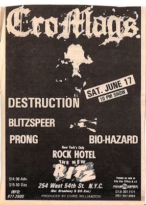 Cro Mags-Destruction-Blitzspeer-Prong-Biohazard @ New York City NY 6-17-89