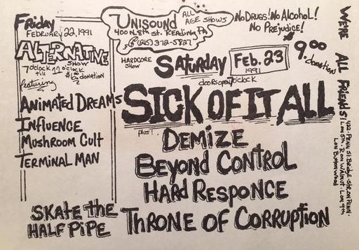 Sick Of It All-Dmize-Beyond Control-Hard Response-Throne Of Corruption @ Reading PA 2-23-91
