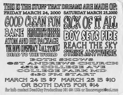 Good Clean Fun-Bane-Brother’s Keeper-Atom & His Package-The Hope Conspiracy-Daltonic-Dead To The World @ College Park MD 3-24-00