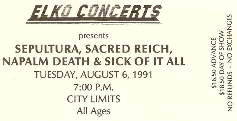 Sepultura-Sacred Reich-Napalm Death-Sick Of It All @ Pittsburgh PA 8-6-91